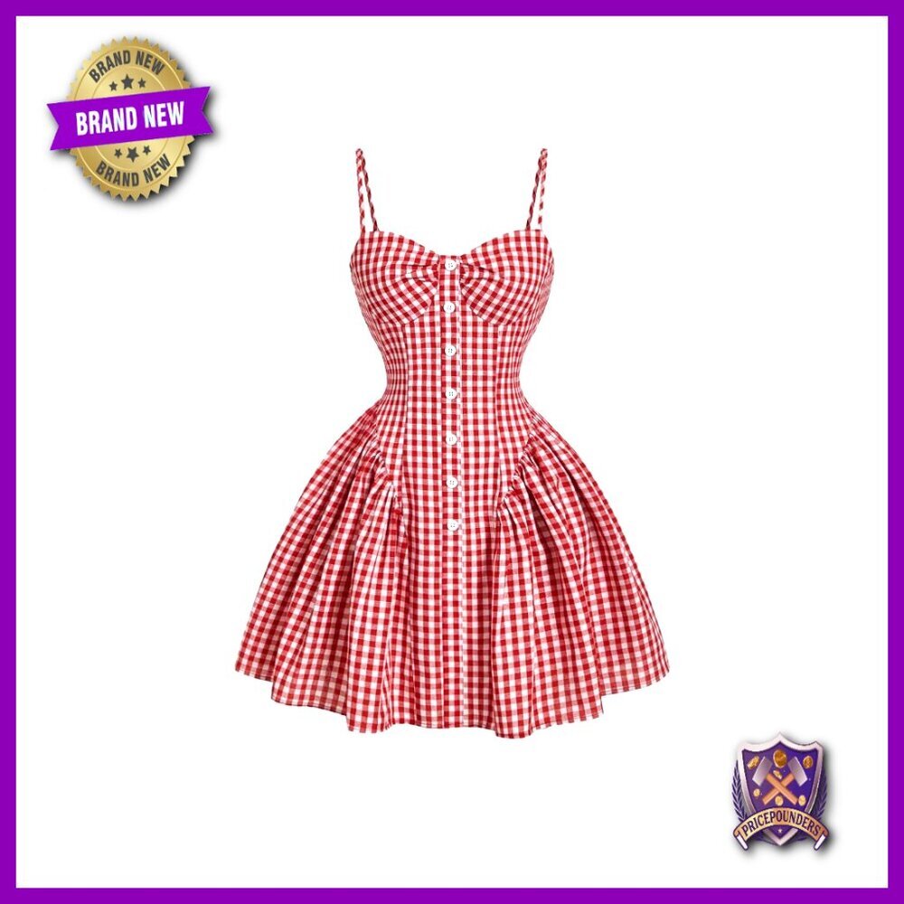 Plaid Cami Dress Spaghetti Strap Ruffle Hem Button Front Casual Chic - Picture 1 of 4